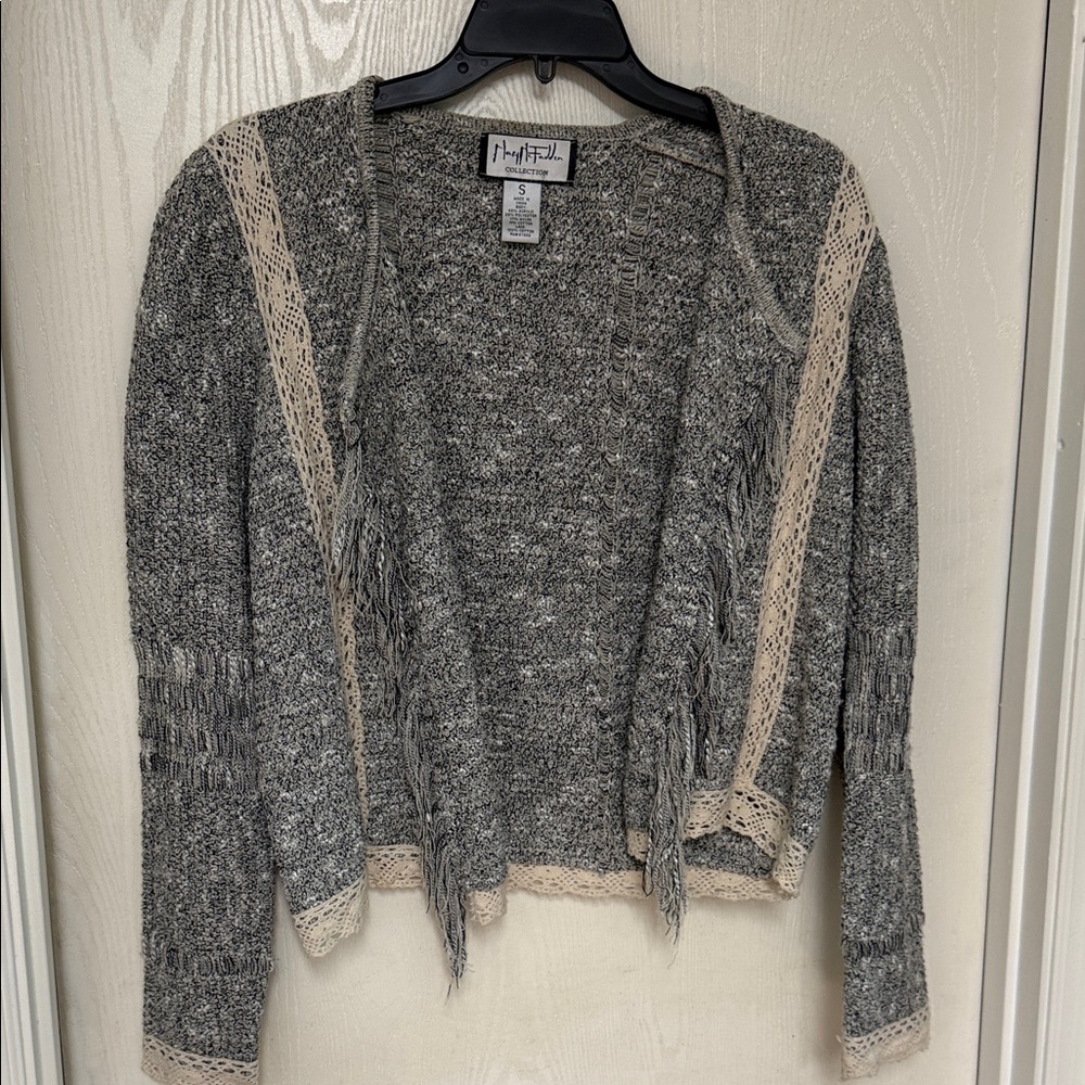 Mary McFadden Gray and Cream Fringe Cardigan